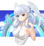  1girl blue_eyes blush cloud curly_hair dolling60883582 dollinger head_wings long_hair melia silver_hair simple_background sky solo wings xenoblade_(series) xenoblade_1 