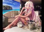  1girl ahoge alcohol armchair bangs bare_back bare_legs bare_shoulders barefoot bikini blue_eyes boat braid breasts chair champagne champagne_flute cleavage cliff closed_mouth commentary criss-cross_halter cup day drinking_glass english_commentary food full_body hair_between_eyes halterneck holding holding_food horizon ia_(vocaloid) jewelry long_hair looking_at_viewer medium_breasts nail_polish ocean outdoors popcorn purple_bikini purple_nails ring silver_hair sitting smile solo swimsuit takepon1123 tareme toenail_polish tray twin_braids very_long_hair vocaloid water watercraft 