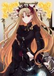  1girl black_dress black_nails blonde_hair bow brown_eyes diadem dress earrings ereshkigal_(fate/grand_order) fate/grand_order fate_(series) floating_hair flower grey_background hair_bow holding holding_weapon jewelry kaen_(k-artworks) long_hair long_sleeves looking_at_viewer nail_polish red_bow signature solo twintails very_long_hair weapon yellow_flower 