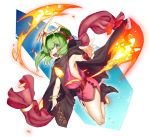  1girl cape chiki circlet dress fire fire_emblem fire_emblem:_monshou_no_nazo fire_emblem_heroes green_eyes green_hair hair_ornament highres long_hair mamkute open_mouth pink_dress pointy_ears ponytail rx_hts short_dress simple_background solo stone tiara 