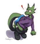  anthro clothed clothing diaper embarrassed exclamation foxehhyz lizard male pants_down partially_clothed reptile scalie solo 