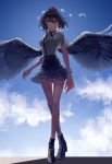  1girl absurdres alternate_eye_color bangs bare_legs black_footwear black_hair black_neckwear black_ribbon black_skirt black_wings blue_eyes blue_sky boots breasts cloud commentary_request day eit_(ikeuchi) feathered_wings full_body hair_between_eyes hat highres looking_at_viewer medium_breasts miniskirt neck_ribbon outdoors parted_lips pleated_skirt pom_pom_(clothes) puffy_short_sleeves puffy_sleeves ribbon shameimaru_aya shirt short_hair short_sleeves skirt sky solo standing tassel thighs tokin_hat touhou white_shirt wing_collar wings 