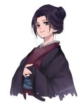  1girl artist_request bangs black_hair brown_eyes emma_the_gentle_blade hair_bun japanese_clothes kimono long_hair long_sleeves looking_at_viewer sekiro:_shadows_die_twice short_hair simple_background solo 