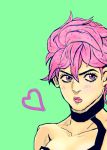  1girl artist_request commentary_request green_background heart jojo_no_kimyou_na_bouken lipstick looking_away makeup pink_eyes pink_hair portrait solo trish_una vento_aureo 