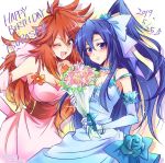  2girls absurdres amou_kanade artist_name bare_shoulders birthday blue_dress blue_hair blush bouquet bracelet breasts character_name choker cleavage dated dress elbow_gloves flat_chest flower gloves hair_between_eyes hair_ornament hair_ribbon highres holding jewelry kazanari_tsubasa kiraki large_breasts long_hair looking_at_viewer multiple_girls off_shoulder one_eye_closed one_side_up open_mouth orange_eyes pink_dress purple_eyes red_hair ribbon senki_zesshou_symphogear smile star very_long_hair 