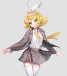  1girl asahi_yuuji blonde_hair bow commentary cowboy_shot dress_shirt grey_skirt hair_bow hair_ornament hairclip head_tilt highres kagamine_rin light_blush looking_at_viewer necktie outstretched_arms shirt short_hair simple_background skirt smile solo spread_arms suit_jacket thighhighs vocaloid white_bow white_legwear yellow_neckwear zettai_ryouiki 