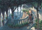  1girl ahoge bird brown_eyes brown_hair cityscape commentary_request dress fantasy lantern long_dress medium_hair original plant potted_plant scenery short_sleeves sign stairs walking watering_can wu_ba_pin 