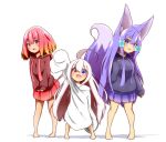  3girls :d absurdres ahoge akaneko_(idaten93) animal_ear_fluff animal_ears arm_up bangs barefoot blue_eyes blue_hoodie blush breasts brown_hoodie commentary_request drawstring eyebrows_visible_through_hair fang fox_ears fox_girl fox_tail gradient_hair hair_between_eyes hair_ornament heterochromia highres hood hood_down hoodie idaten93 long_sleeves multicolored_hair multiple_girls open_mouth orange_hair original oversized_clothes oversized_shirt pleated_skirt purple_eyes purple_hair purple_skirt red_eyes red_hair red_skirt ruua_(idaten93) shadow shirt sidelocks skirt sleeves_past_fingers sleeves_past_wrists small_breasts smile standing tail tail_raised till_(idaten93) white_background white_shirt x_hair_ornament 