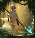  1girl alternate_costume asymmetrical_clothes blindfold breasts breasts_apart cleavage covered_nipples full_body glowing glowing_weapon holding holding_weapon impossible_clothes mole mole_under_mouth naginata navel nier_(series) nier_automata polearm revealing_clothes shade short_hair silver_hair solo standing stomach typo_(requiemdusk) weapon yorha_no._2_type_b 
