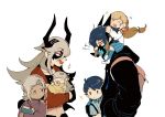  &gt;o&lt; 3boys 3girls ahoge alfonse_(fire_emblem) baby backpack bag bii_(chigonez) black_jacket black_shirt blonde_hair blue_hair book brother_and_sister casual collarbone commentary english_commentary eyebrows_visible_through_hair family fang fire_emblem fire_emblem_heroes gradient_hair grey_hair hair_between_eyes hair_ornament hands_in_pockets heart heart_in_mouth holding holding_baby holding_book hood hood_down hooded_jacket horned_mask horns jacket lif_(fire_emblem) long_hair looking_at_another mask masked multicolored_hair multiple_boys multiple_girls mysterious_man_(fire_emblem) navel open_mouth ponytail red_eyes red_jacket sharena shirt short_hair siblings simple_background smile thrasir_(fire_emblem) veronica_(fire_emblem) white_background younger 