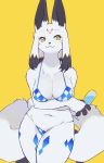  4_fingers anthro big_breasts bikini breasts canid canine cleavage clothed clothing daji_(fullbokko_heroes) female fox full_bokko_heroes_x fullbokko_heroes fur hair hi_res kemono mammal navel nrj_275 simple_background smile solo standing swimwear white_fur yellow_background yellow_eyes 