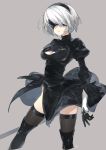  1girl black_bow black_gloves black_headband bow breasts closed_mouth feather-trimmed_sleeves gloves grey_background headband holding holding_sword holding_weapon nier_(series) nier_automata short_hair signature simple_background solo standing sword thighhighs toujou_sakana turtleneck weapon white_hair yorha_no._2_type_b 