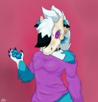  2019 anthro blue_fur breasts canid claws clothed clothing digital_media_(artwork) female fur hair looking_at_viewer lycanroc mammal midnight_lycanroc natanibw natanibw_(artist) nintendo pok&eacute;mon pok&eacute;mon_(species) purple_eyes simple_background solo standing video_games white_fur 