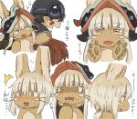  1boy 1other ambiguous_gender animal_ears brown_eyes brown_hair crying crying_with_eyes_open expressions eyebrows_visible_through_hair furry helmet highres kawasemi27 looking_at_viewer looking_away made_in_abyss multiple_views nanachi_(made_in_abyss) open_mouth regu_(made_in_abyss) short_hair sweatdrop tail tears teeth translation_request whiskers white_hair 