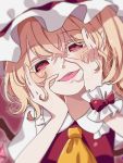  1girl :d ascot bangs blonde_hair blush bow collared_shirt commentary_request crystal eringi_(rmrafrn) eyebrows_visible_through_hair fangs flandre_scarlet hair_between_eyes half-closed_eyes hands_on_own_face hat head_tilt long_hair mob_cap open_mouth puffy_short_sleeves puffy_sleeves red_bow red_eyes red_vest shirt short_sleeves smile solo touhou upper_body vest white_headwear white_shirt wings wrist_cuffs yandere_trance yellow_neckwear 