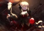  1girl artoria_pendragon_(all) banner black_bow black_nails black_shirt black_skirt black_sleeves blonde_hair bow braided_bun breasts cleavage collarbone dark_excalibur detached_sleeves eyebrows_visible_through_hair fate/stay_night fate_(series) formal hair_bow holding holding_sword holding_weapon long_sleeves magic medium_breasts nail_polish saber_alter shirt short_hair sidelocks skirt skirt_suit skull sleeveless sleeveless_shirt solo standing suit sword weapon yellow_eyes yuuki_mix 