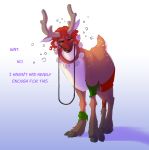 capreoline cervid christmas clothing dialogue drunk female feral hair holidays horn mammal post_transformation red_hair reindeer simple_background solo standing teats torn_clothing watsup 