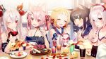  5girls :d ;) ^_^ ahoge animal_ear_fluff animal_ears ariake_(azur_lane) azur_lane bangs bare_shoulders bell black_hair blonde_hair blush breasts bunny_ears cat_ears closed_eyes collarbone cup eating eyebrows_visible_through_hair fang fangs feeding food hair_between_eyes hair_ornament hair_ribbon hair_rings hairband hatsushimo_(azur_lane) holding holding_cup holding_food japanese_clothes jingle_bell laffey_(azur_lane) long_hair looking_at_viewer multiple_girls off-shoulder_shirt off_shoulder official_art one_eye_closed open_mouth pink_hair pinky_out pizza pointing red_eyes ribbon shirako_sei shirt short_hair silver_hair sitting small_breasts smile twintails two_side_up vampire_(azur_lane) yellow_eyes yuugure_(azur_lane) 