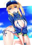  1girl absurdres ahoge all_fours arched_back artoria_pendragon_(all) ass_visible_through_thighs bangs baseball_cap beach bikini blonde_hair blue_eyes blue_headwear blue_sky blush breasts cleavage closed_mouth cloud day eyebrows_visible_through_hair eyes_visible_through_hair fate/grand_order fate_(series) hair_between_eyes hair_through_headwear hand_on_own_chest hat highres large_breasts looking_at_viewer mouth_hold mysterious_heroine_xx_(foreigner) outdoors ponytail raised_eyebrows shrug_(clothing) sidelocks sky sleeve_cuffs solo sweat swimsuit thick_thighs thigh_strap thighs untied untied_bikini watosu_(watosu_mama) white_bikini wristband zipper_pull_tab 