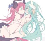  2girls bikini blade_(galaxist) blue_eyes bra breast_press breasts elizabeth_bathory_(fate) elizabeth_bathory_(fate)_(all) eye_contact fate/grand_order fate_(series) green_eyes hair_between_eyes horns kiyohime_(fate/grand_order) long_hair looking_at_another multiple_girls navel panties pink_hair pointy_ears profile simple_background small_breasts strap_slip swimsuit symbol_commentary symmetrical_docking tail two_side_up underwear underwear_only very_long_hair white_background white_bikini yellow_bra yellow_panties yuri 