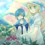  1boy 1girl ahoge animal animal_on_shoulder bangs bird bird_on_shoulder blonde_hair blue_bow blue_eyes blue_hair blue_scarf blunt_bangs bow bowtie commentary_request dress fish hat hat_bow jacket kaito kohaku7776 long_hair long_sleeves looking_away outdoors parted_lips puffy_short_sleeves puffy_sleeves scarf seaweed short_sleeves shouka_tori sky utau vocaloid white_dress white_headwear white_jacket 