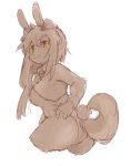  5_fingers anthro blush breasts butt canid canine canis domestic_dog female green_eyes hair hand_on_butt hi_res kemono lagomorph leporid long_hair looking_at_viewer looking_back mammal nrj_275 rabbit side_boob simple_background sketch smile solo white_background 