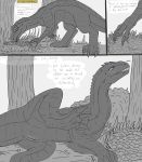  2019 absurd_res allosaurid allosaurus blush comic digital_media_(artwork) dinosaur dragonsaviour english_text female feral heat_(disambiguation) hi_res narration nest pussy reptile scalie text theropod 