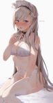  1girl azur_lane bangs bare_shoulders belfast_(azur_lane) between_legs blush bra braid breasts chain cleavage collar collarbone french_braid garter_belt garter_straps glint hand_between_legs hand_up highres large_breasts long_hair looking_at_viewer maid_headdress panties purple_eyes sidelocks silver_hair sitting solo thighhighs twitter_username underwear white_bra white_legwear white_panties xretakex 