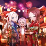  3girls :d ^_^ aerial_fireworks bangs blue_eyes blue_kimono blurry blurry_background blush bow braid brown_eyes brown_hair brown_pants closed_eyes closed_mouth commentary_request covered_mouth creator_connection crossover depth_of_field double_v eyebrows_visible_through_hair fireworks floral_print food forehead fudatsuki_kyouko fudatsuki_no_kyouko-chan hair_between_eyes hair_bow hands_up head_tilt high_ponytail highres holding holding_food japanese_clothes karakai_jouzu_no_takagi-san kimono korean_commentary kunoichi_tsubaki_no_mune_no_uchi lantern long_hair long_sleeves low_twintails multiple_crossover multiple_girls night night_sky note2000 open_clothes open_mouth outdoors pants paper_lantern parted_bangs ponytail print_kimono purple_hair red_bow red_kimono shirt shougi_no_yatsu sky smile summer_festival takagi-san twin_braids twintails v very_long_hair white_hair white_shirt wide_sleeves yaotome_urushi 