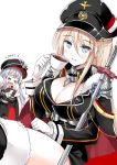  &gt;_&lt; 2girls azur_lane bangs bismarck_(azur_lane) blonde_hair blue_eyes blush breasts cape chabeya cleavage coffee coffee_cup collar commentary_request cup disposable_cup drinking eyebrows_visible_through_hair fur-trimmed_cape fur_trim gloves graf_zeppelin_(azur_lane) hair_between_eyes hat highres large_breasts long_hair long_sleeves looking_at_viewer military military_hat military_uniform multiple_girls sidelocks simple_background sweatdrop thighs tongue tongue_out translated uniform very_long_hair white_background white_gloves 