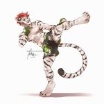  1:1 2019 4_toes anthro barefoot clothed clothing digital_media_(artwork) digitigrade felid fur furlana hair male mammal pantherine pink_nose red_hair solo striped_fur stripes tiger toes topless white_fur 