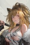  1girl animal_ears arknights bangs bare_shoulders black_nails blonde_hair blush breasts choker commentary covered_nipples fingernails fur_trim hair_between_eyes high_ponytail highres holding large_breasts lion_ears long_fingernails long_hair looking_at_viewer mouth_hold nail_polish off_shoulder sidelocks siege_(arknights) simple_background solo tank_top torn_clothes underboob upper_body wet yellow_eyes youyi_(ww5413203) 