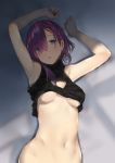  1girl absurdres araido_kagiri ass bare_shoulders black_sweater blue_eyes blush braid breasts cleavage_cutout hair_over_one_eye highres looking_at_viewer lying medium_breasts meme_attire navel on_back open_mouth original purple_hair short_hair sleeveless_sweater solo stomach sweater turtleneck turtleneck_sweater underboob virgin_killer_outfit 