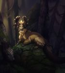  2019 ambiguous_gender claws day detailed_background digital_media_(artwork) feral forest fur grypwolf hi_res horn kukuri looking_at_viewer lying moss outside paws rock solo tree yellow_fur 