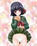  1girl black_hair blush collarbone commentary_request hair_ribbon ishigaki_(kantai_collection) kantai_collection looking_at_viewer panties red_eyes ribbon school_uniform shaking short_hair skirt skirt_lift solo tachibana_hiroki underwear white_panties 