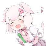  1girl animal_ears blush broom choker closed_eyes commentary_request elbow_gloves eyebrows_visible_through_hair frilled_skirt frills gloves kemono_friends musical_note note_(suzu_note000) open_mouth pig_(kemono_friends) pig_ears pig_nose pig_tail pink_hair puffy_short_sleeves puffy_sleeves short_hair short_sleeves skirt solo spoken_musical_note tail white_gloves white_hair 