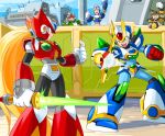  arena arm_cannon armor audience blonde_hair blue_eyes capcom cheering fist fist_up friendly gloves green_eyes hair helmet imminent_fight laser_sword long_hair male male_focus multiple_boys open_mouth outdoors reploid robot rockman rockman_x smile sword taunting teeth x_(rockman) yuriyuri_(ccc) zero_(rockman) 