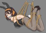  animal_ears arms_behind_back bdsm black_legwear bondage bound breasts brown_eyes brown_hair bunny_ears bunny_tail bunnysuit crying gag grey_background hair_ribbon high_heels highres improvised_gag ivanfx looking_at_viewer medium_breasts orange_ribbon pantyhose restrained ribbon shadow shibari short_hair suzumiya_haruhi suzumiya_haruhi_no_yuuutsu tail tape tape_gag tied_up wrinkles 