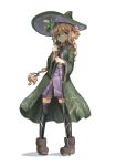  1girl amefurashi black_legwear blonde_hair boots braid elf full_body hat holding holding_staff long_hair original patterned_clothing pointy_ears robe short_shorts shorts solo staff thighhighs white_background wide_sleeves witch witch_hat 