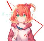  1girl absurdres blonde_hair bow eyebrows_visible_through_hair freyja_wion green_eyes hair_between_eyes hair_bow hair_ornament heart heart_hair_ornament highres hnhr_69 hood hood_down hooded_sweater long_sleeves looking_at_viewer macross macross_delta multicolored_hair one_side_up orange_hair pink_sleeves red_bow red_hoodie short_hair smile solo sweater two-tone_hair upper_body white_background white_sweater 