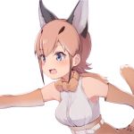  1girl :3 bare_shoulders belt black_hair blue_eyes blush bow bowtie caracal_(kemono_friends) caracal_ears caracal_tail commentary_request elbow_gloves extra_ears eyebrows_visible_through_hair gloves high-waist_skirt kemono_friends light_brown_hair light_brown_skirt multicolored_hair note_(suzu_note000) open_mouth short_hair sidelocks skirt sleeveless solo 