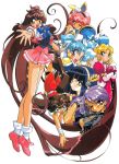  6+girls 90s absurdly_long_hair animal_ears aqua_eyes bangs black_hair blonde_hair blown_kiss blue_eyes blue_hair blunt_bangs bridal_gauntlets brown_eyes brown_hair bunny_ears corvette_hiyards crossed_arms detached_sleeves dress earrings eyebrows_visible_through_hair eyeshadow fake_animal_ears green_eyes hair_ornament hairband hand_on_own_face highres idol_project jewelry kaidou_extra long_hair makeup mimu_emilton multiple_girls official_art one_eye_closed open_mouth outstretched_arm pink_hair puffy_sleeves purple_hair ranrang_palpu red_eyes red_hair rimless_eyewear round_eyewear ruka_essenpolka scan short_hair short_sleeves short_twintails simmons_layla-b. simple_background suzukaze_shion twintails very_long_hair white_background yellow_eyes 