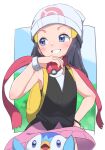  1girl beanie blue_eyes blue_hair blush bubukka dawn_(pokemon) hand_on_hip hat holding holding_poke_ball long_hair looking_to_the_side parted_lips pink_skirt piplup poke_ball poke_ball_(basic) pokemon pokemon_(creature) pokemon_(game) pokemon_dppt red_scarf scarf skirt sleeveless smile white_headwear 