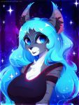  2019 absurd_res anthro blue_eyes blue_hair breasts clothed clothing digital_media_(artwork) eyelashes felid feline female hair hi_res inner_ear_fluff koveliana lynx mammal mile smile 