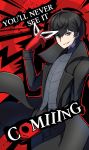  1boy abstract_background amamiya_ren black_coat black_eyes black_hair black_pants black_vest english_text gloves highres looking_at_viewer mask meme pants persona persona_5 phiphi-au-thon red_background red_gloves smile super_smash_bros. vest 