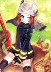  &gt;:( animal animal_ears arknights baguette basket black_gloves black_jacket black_legwear blush bread brown_eyes brown_hair closed_mouth fire_axe firefighter food frown gloves helmet highres jacket looking_at_viewer moemoe3345 shaw_(arknights) sitting spread_legs squirrel squirrel_ears squirrel_girl squirrel_tail tail thighhighs v-shaped_eyebrows visor white_headwear 