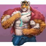  1:1 anthro bulge clothed clothing felid fur hair huge_muscles male mammal muscular muscular_male necktie oldshep open_shirt pantherine pecs solo tiger unzipped 