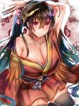  1girl absurdres ahoge arm_behind_head azur_lane bangs bare_shoulders black_hair black_legwear blush breasts cleavage closed_mouth collarbone crossed_bangs eyebrows_visible_through_hair fan hair_between_eyes hair_ribbon hakama_skirt highres holding holding_fan japanese_clothes kimono large_breasts long_hair long_sleeves looking_at_viewer mask mask_on_head off_shoulder pleated_skirt red_eyes red_kimono red_skirt ribbon shiny shiny_skin sitting skirt smile solo striped striped_ribbon taihou_(azur_lane) thighhighs tied_hair tub_(abcehknqux) twintails very_long_hair wide_sleeves 