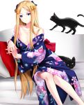  1girl abigail_williams_(fate/grand_order) absurdres amaroku_neko bangs blonde_hair blue_eyes blue_kimono bow breasts cat cherry_blossom_print cleavage clothes_down collarbone couch fate/grand_order fate_(series) hair_bow hands_together highres interlocked_fingers japanese_clothes kimono long_hair looking_at_viewer multiple_hair_bows open_clothes open_kimono orange_bow parted_bangs pillow print_kimono purple_bow shiny shiny_hair shiny_skin simple_background sitting small_breasts solo very_long_hair white_background yukata 