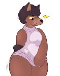  afro black_hair breasts brown_fur canid canine clothing female fur hair hi_res lightningfire12 mammal solo sweater thick_thighs topwear wide_hips yellow_sclera 